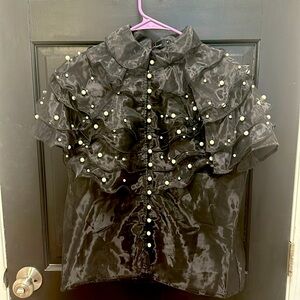 Black ruffled pearl encrusted water-like fabric blouse, size S